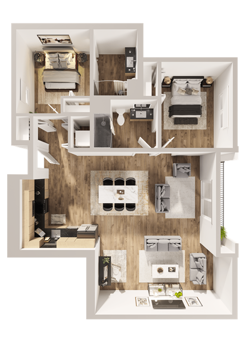 Floor plan for 2 beds, 2 baths, 1049 sqft